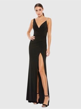 MAC DUGGAL 25632 FAUX PEARL STRAP THIGH SLIT BLACK GOWN SZ 10